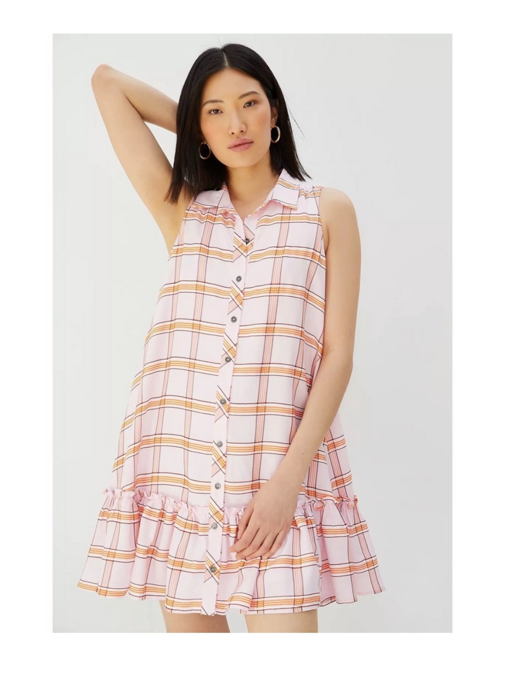 Anthropologie’s Maeve Sleeveless Pink and Orange Plaid Ruffle Hem Shirt Dress